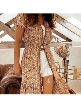 Spell sundown spice Boho Floral Midi Dress - Brown & Cream Paisley